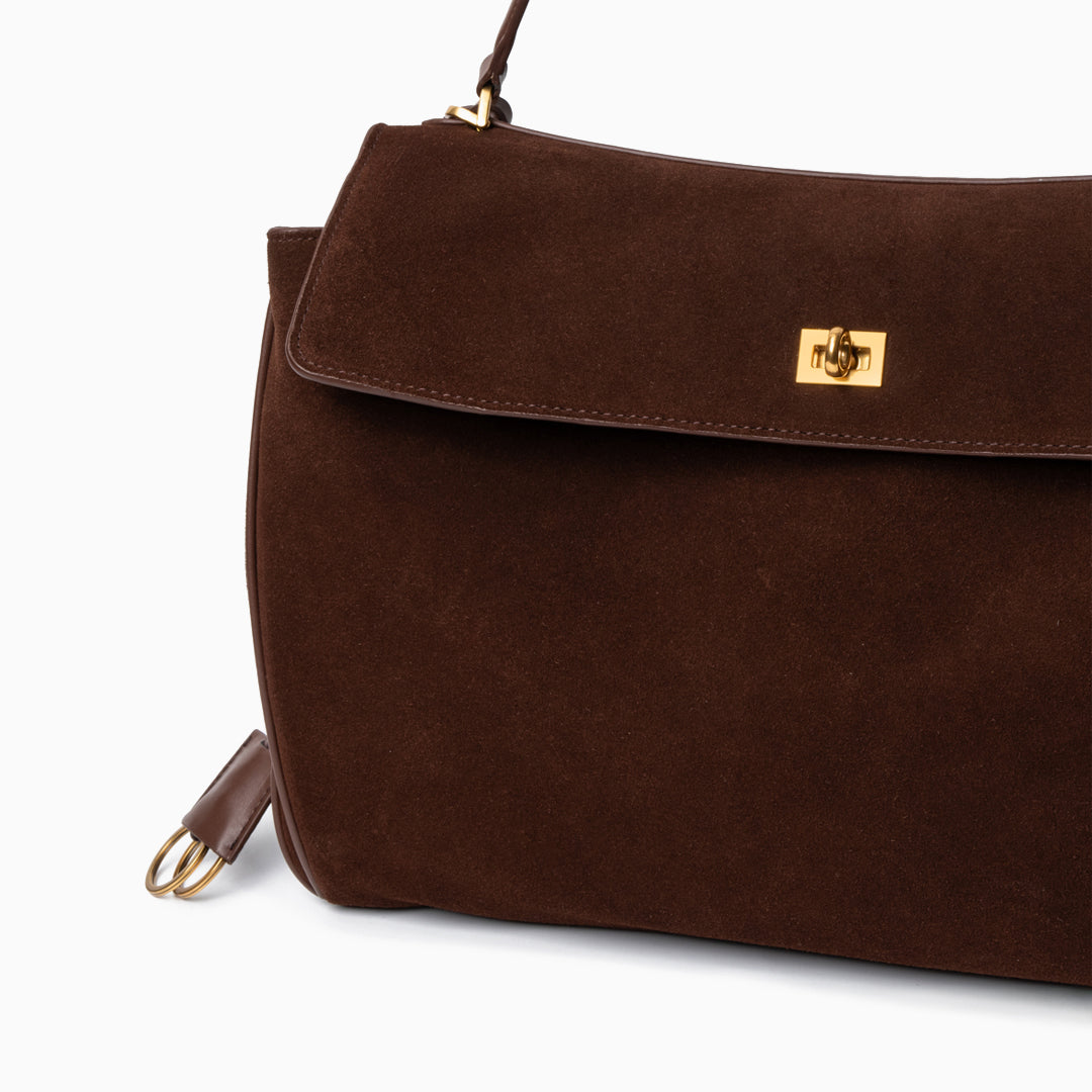 Amy Classic Suede Flap Bag with Top Handle – Timeless Structured Handbag