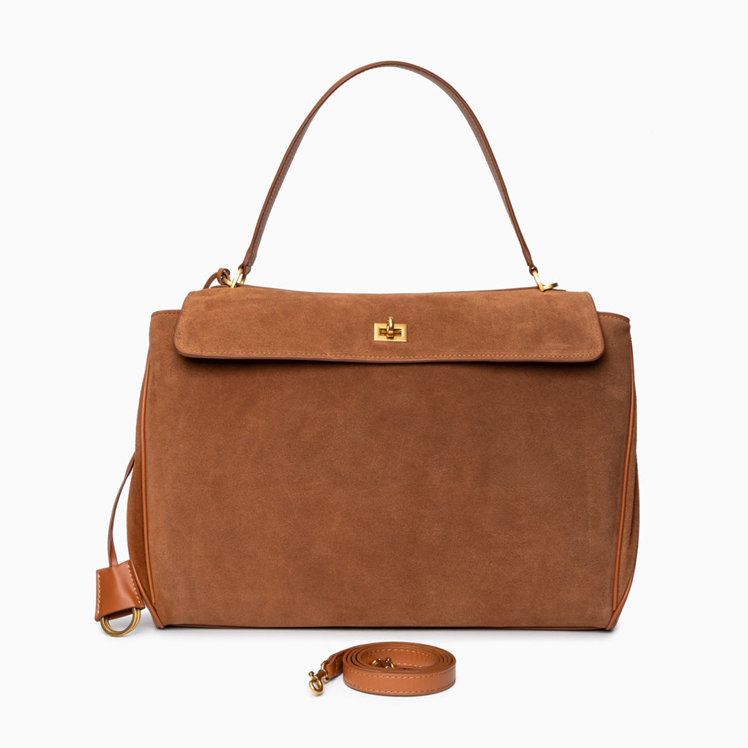 Amy Classic Suede Flap Bag with Top Handle – Timeless Structured Handbag