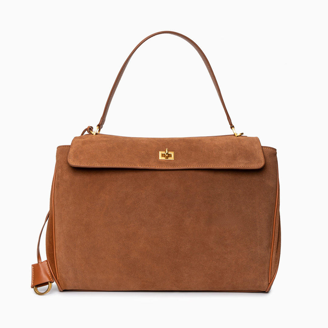 Amy Classic Suede Flap Bag with Top Handle – Timeless Structured Handbag