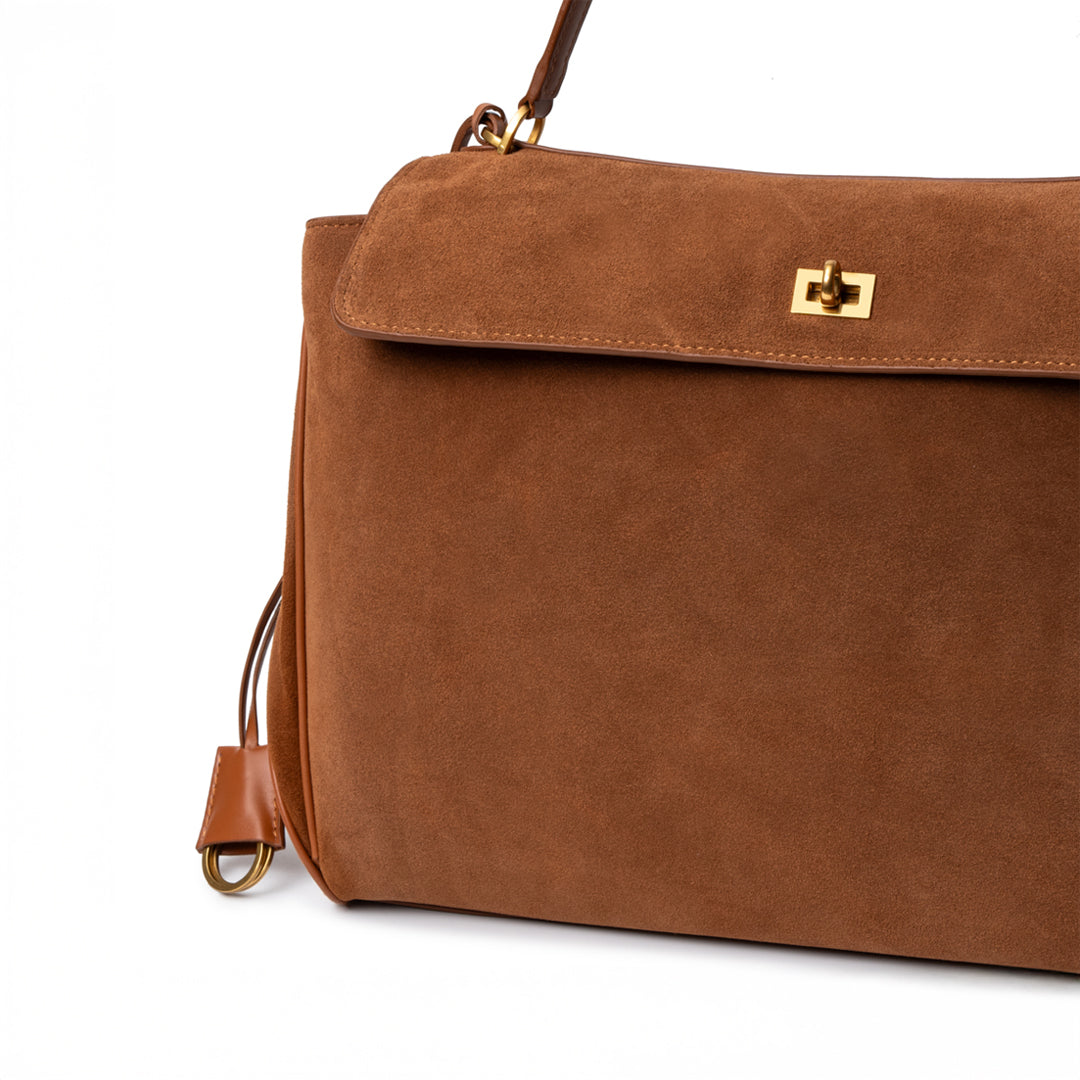 Amy Classic Suede Flap Bag with Top Handle – Timeless Structured Handbag