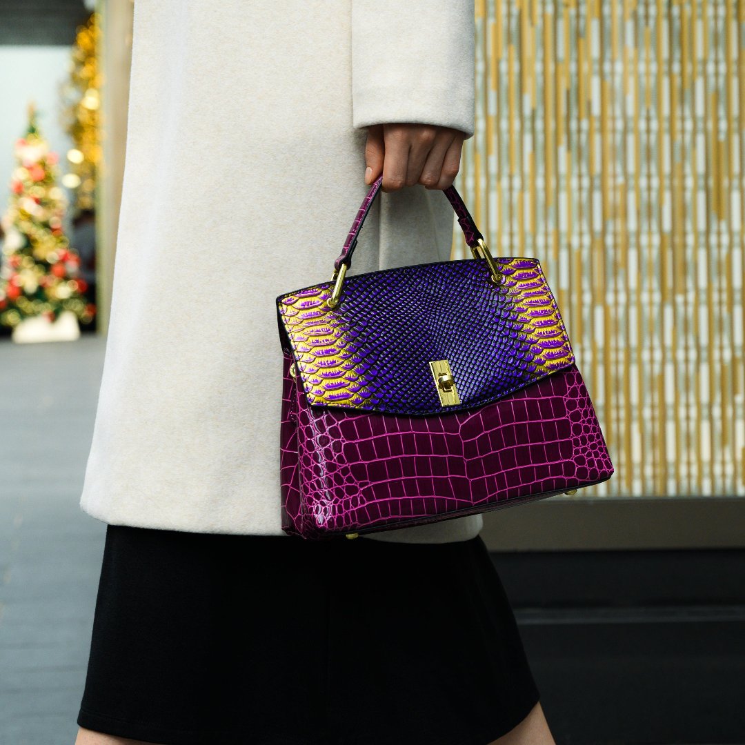 Lilly Iridescent Python & Croc-Embossed Top Handle Bag – Luxury Statement Satchel for Women