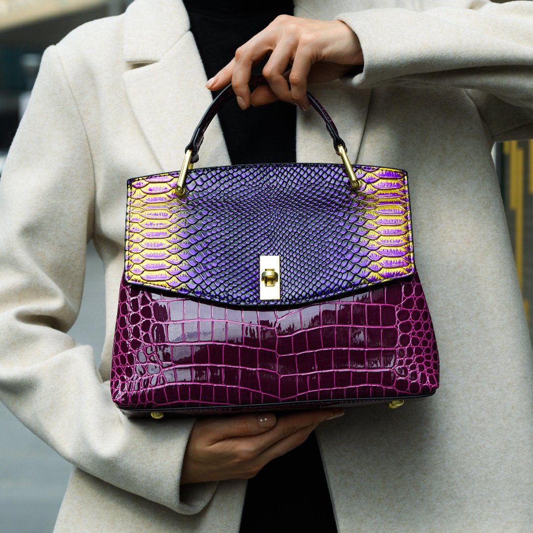 Lilly Iridescent Python & Croc-Embossed Top Handle Bag – Luxury Statement Satchel for Women