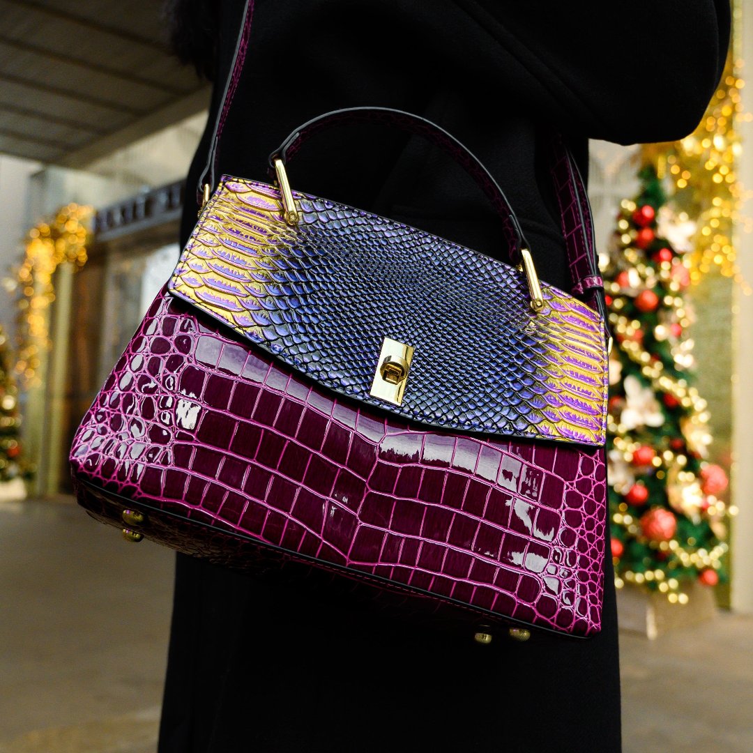 Lilly Iridescent Python & Croc-Embossed Top Handle Bag – Luxury Statement Satchel for Women