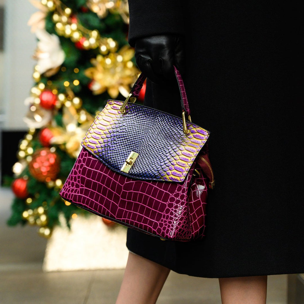 Lilly Iridescent Python & Croc-Embossed Top Handle Bag – Luxury Statement Satchel for Women