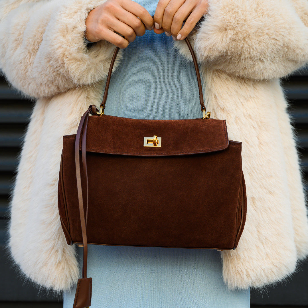 Amy Classic Suede Flap Bag with Top Handle – Timeless Structured Handbag