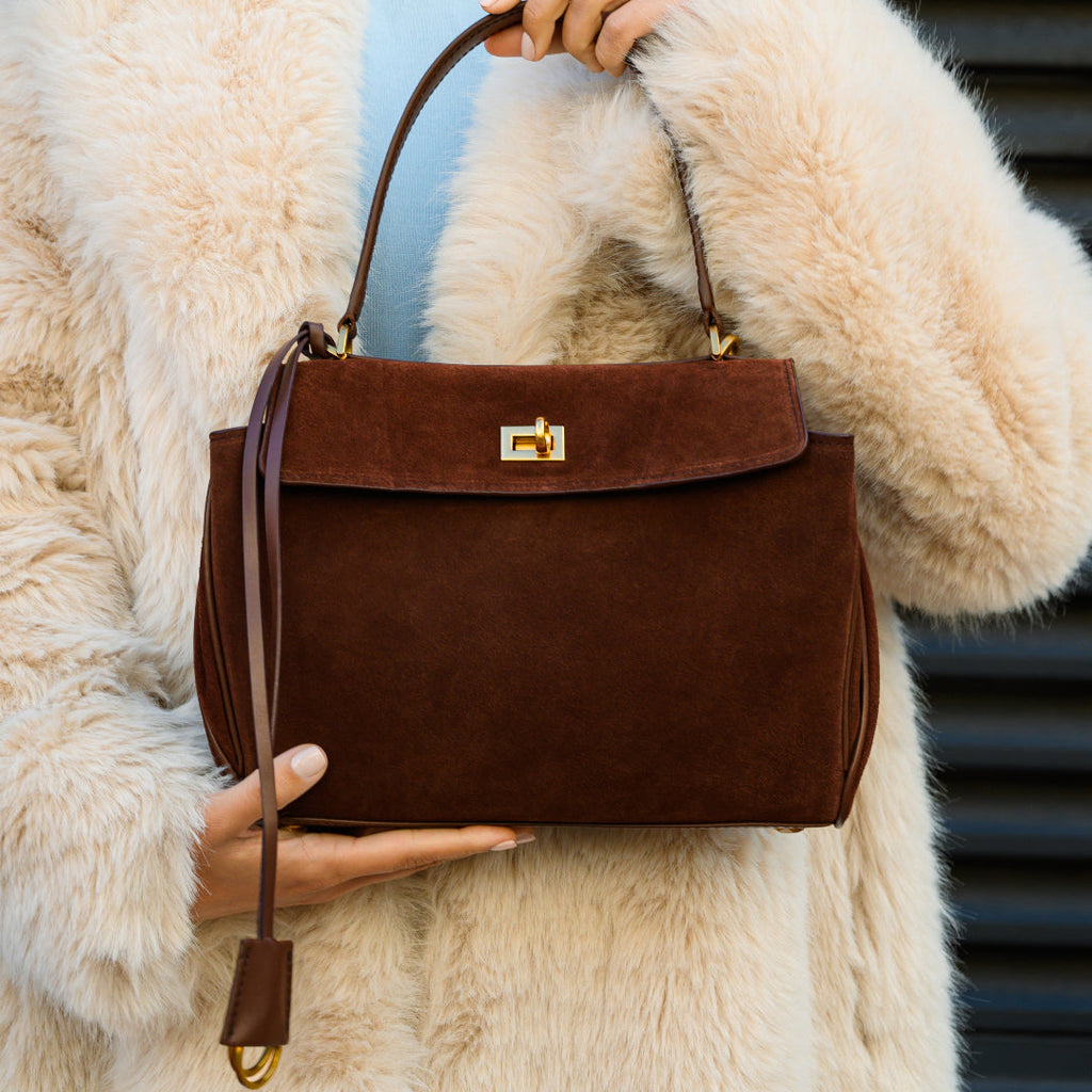 Amy Classic Suede Flap Bag with Top Handle – Timeless Structured Handbag