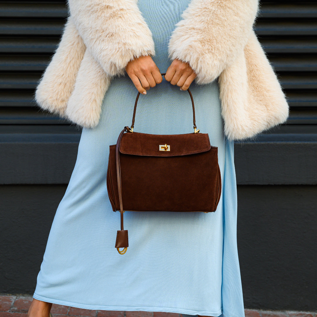 Amy Classic Suede Flap Bag with Top Handle – Timeless Structured Handbag