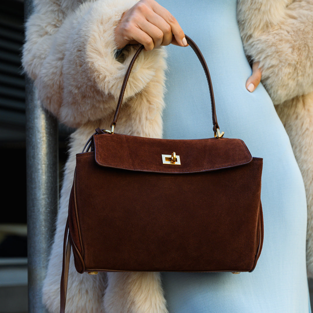 Amy Classic Suede Flap Bag with Top Handle – Timeless Structured Handbag