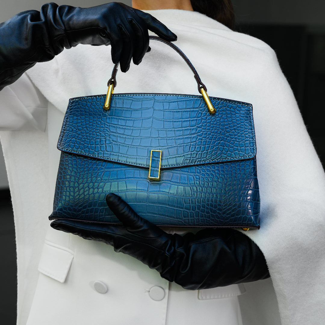 Monaco Croc-Embossed Top Handle Bag – Luxury Structured Satchel for Women