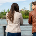Women's Classic Sheep Leather Jacket. Standing Collar with Studs, 4 Zippered Pockets & Shoulder Accent Stitching