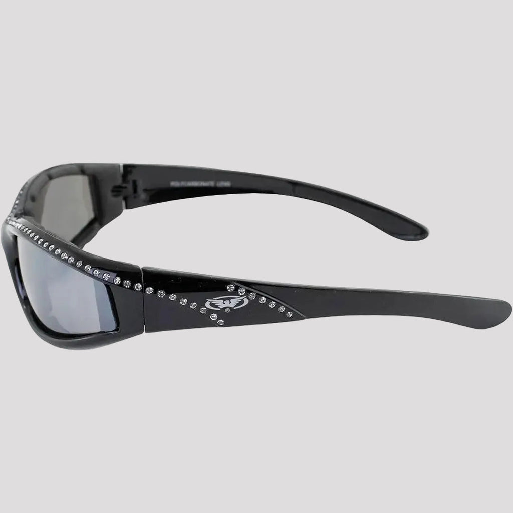 Global Vision Marilyn Women’s Rhinestone Motorcycle Sunglasses. Foam Padded Bling Riding Glasses with Shatterproof Flash Mirror Lenses