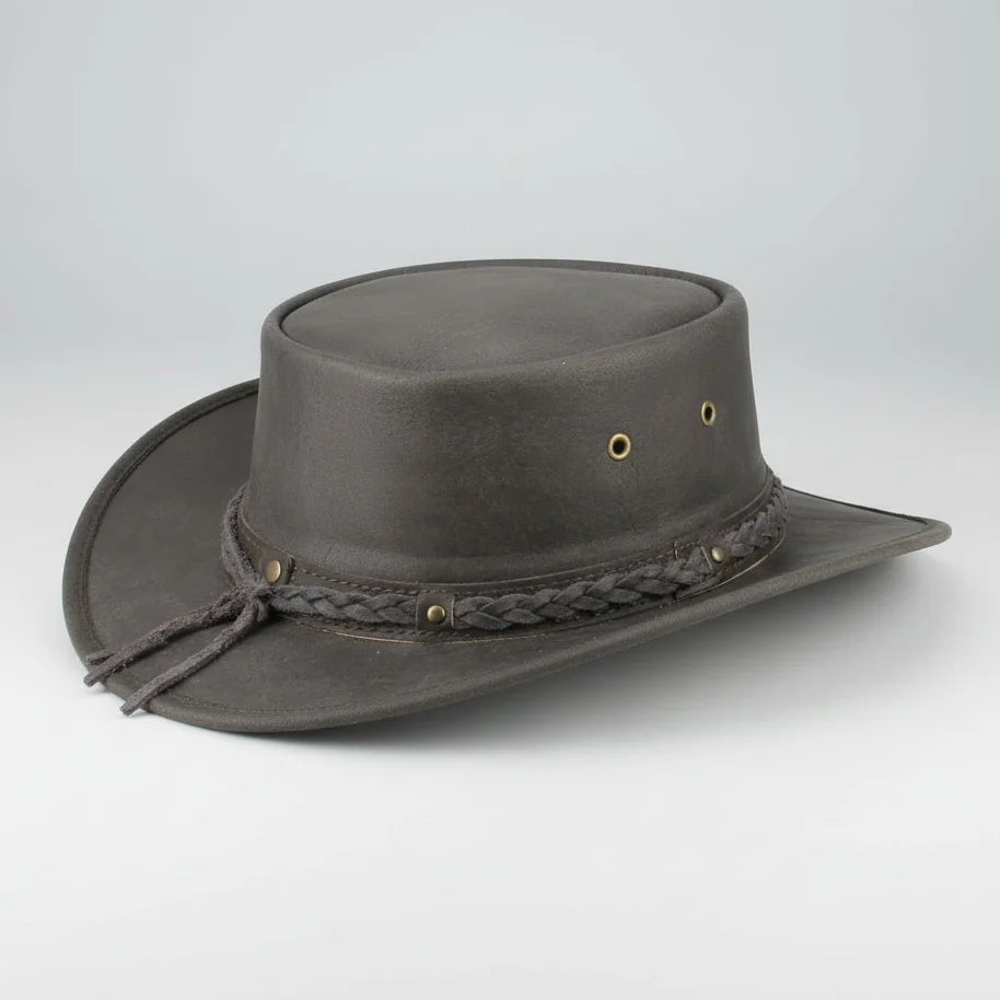 Flat Brim Leather Cowboy Hat. Premium Western Hat with Studded Braided Band