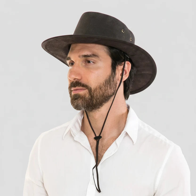 Flat Brim Leather Cowboy Hat. Premium Western Hat with Studded Braided Band