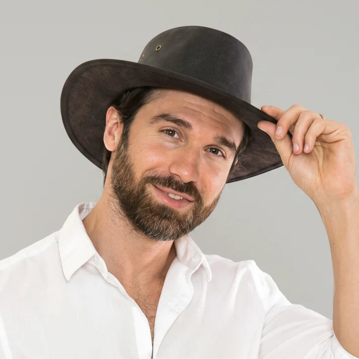 Flat Brim Leather Cowboy Hat. Premium Western Hat with Studded Braided Band