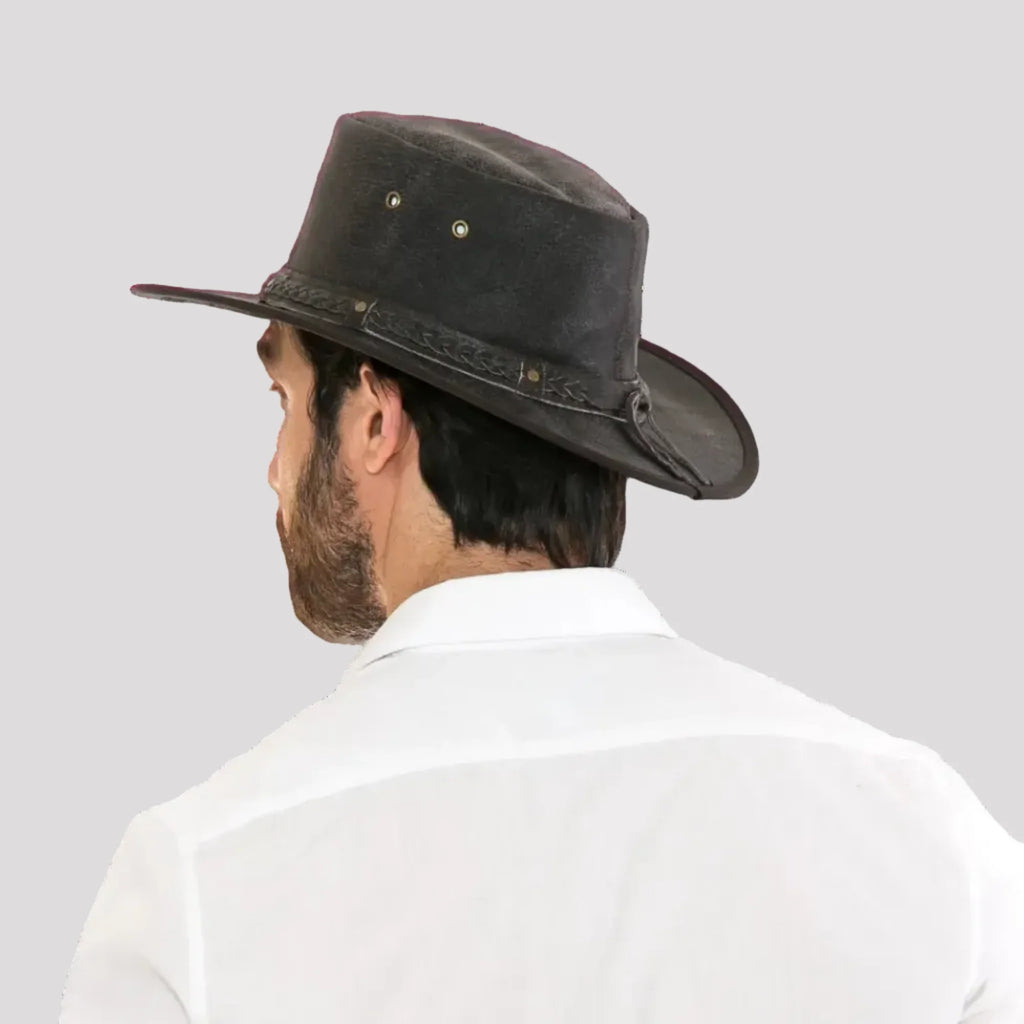 Flat Brim Leather Cowboy Hat. Premium Western Hat with Studded Braided Band