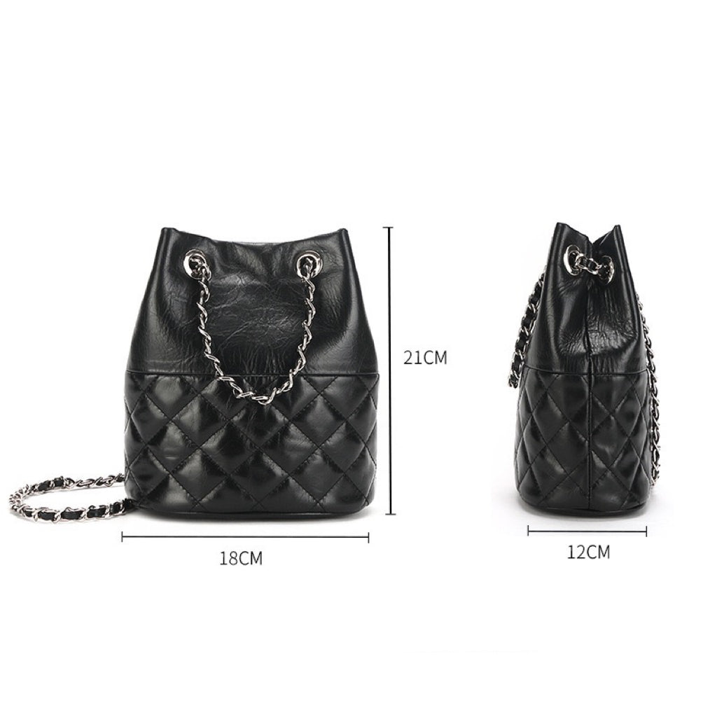 Womens Genuine Leather Quilted Chain Bucket Bag