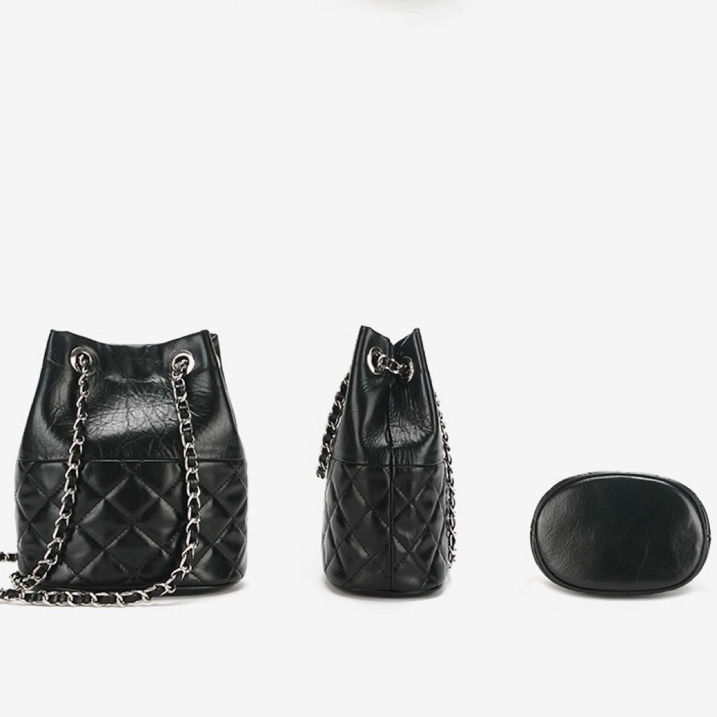 Womens Genuine Leather Quilted Chain Bucket Bag