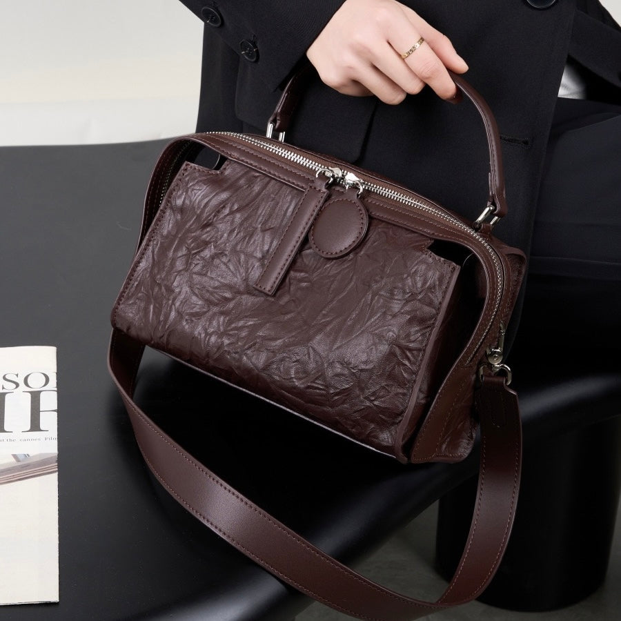 Womens Genuine Leather Crinkled Boston Bag  Soft Shine Handheld & Crossbody