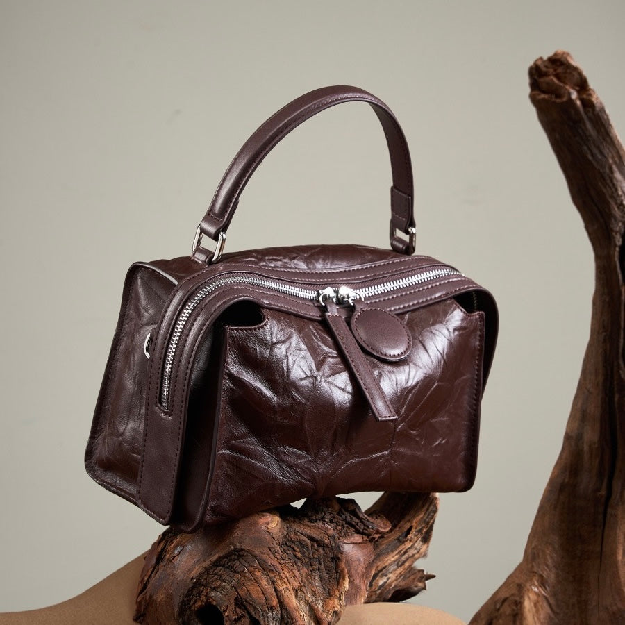 Womens Genuine Leather Crinkled Boston Bag  Soft Shine Handheld & Crossbody