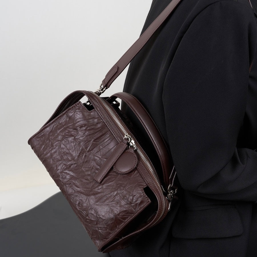 Womens Genuine Leather Crinkled Boston Bag  Soft Shine Handheld & Crossbody