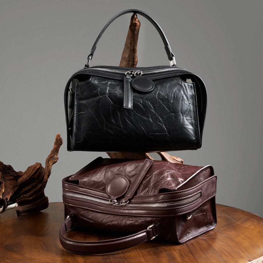 Womens Genuine Leather Crinkled Boston Bag  Soft Shine Handheld & Crossbody