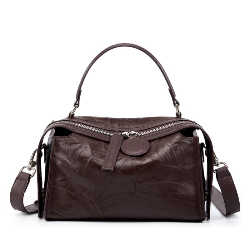 Womens Genuine Leather Crinkled Boston Bag  Soft Shine Handheld & Crossbody