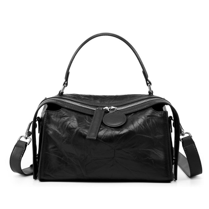 Womens Genuine Leather Crinkled Boston Bag  Soft Shine Handheld & Crossbody