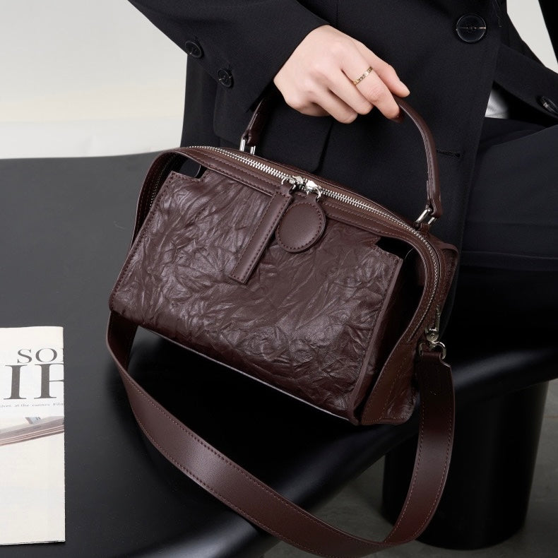 Womens Genuine Leather Crinkled Boston Bag  Soft Shine Handheld & Crossbody