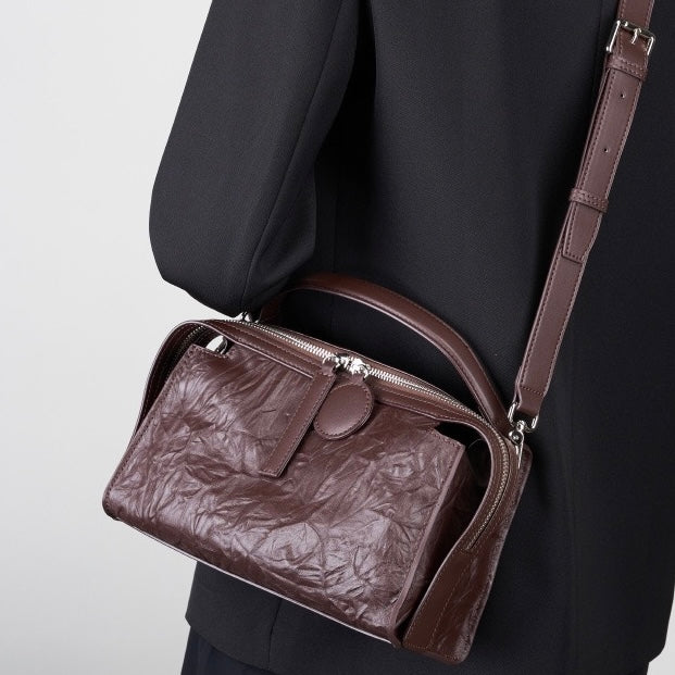 Womens Genuine Leather Crinkled Boston Bag  Soft Shine Handheld & Crossbody