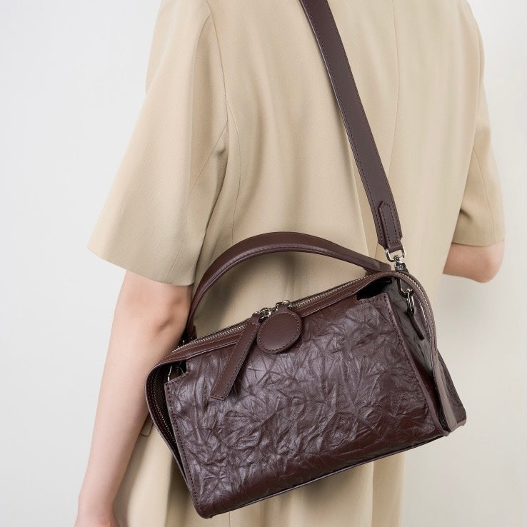 Womens Genuine Leather Crinkled Boston Bag  Soft Shine Handheld & Crossbody