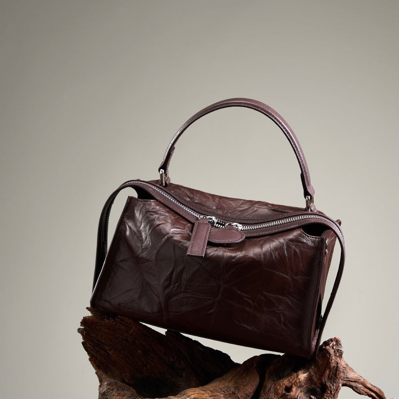 Womens Genuine Leather Crinkled Boston Bag  Soft Shine Handheld & Crossbody