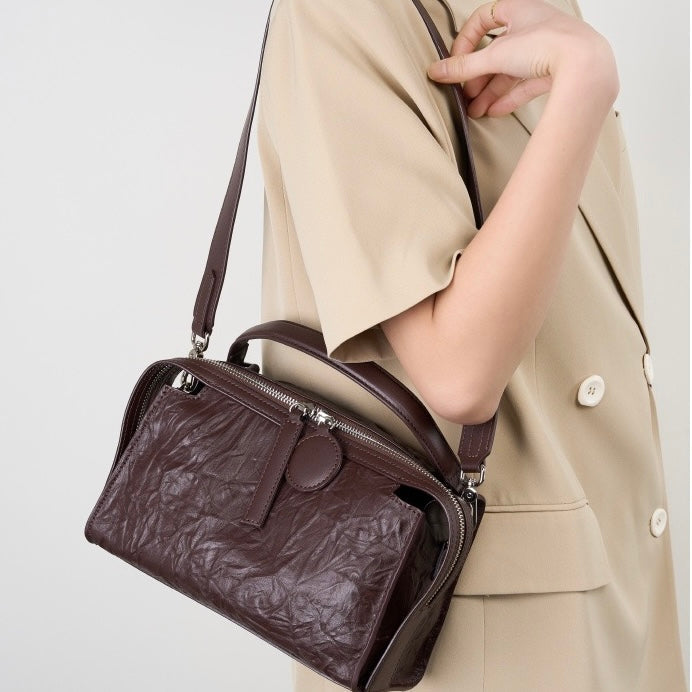 Womens Genuine Leather Crinkled Boston Bag  Soft Shine Handheld & Crossbody