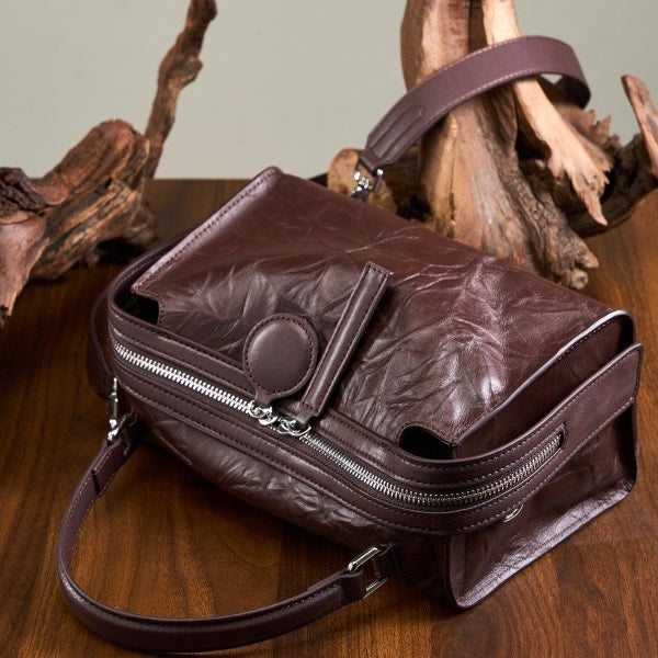 Womens Genuine Leather Crinkled Boston Bag  Soft Shine Handheld & Crossbody