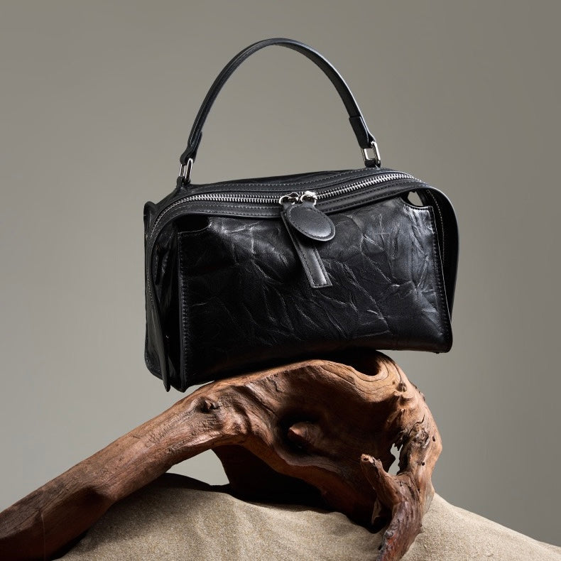 Womens Genuine Leather Crinkled Boston Bag  Soft Shine Handheld & Crossbody