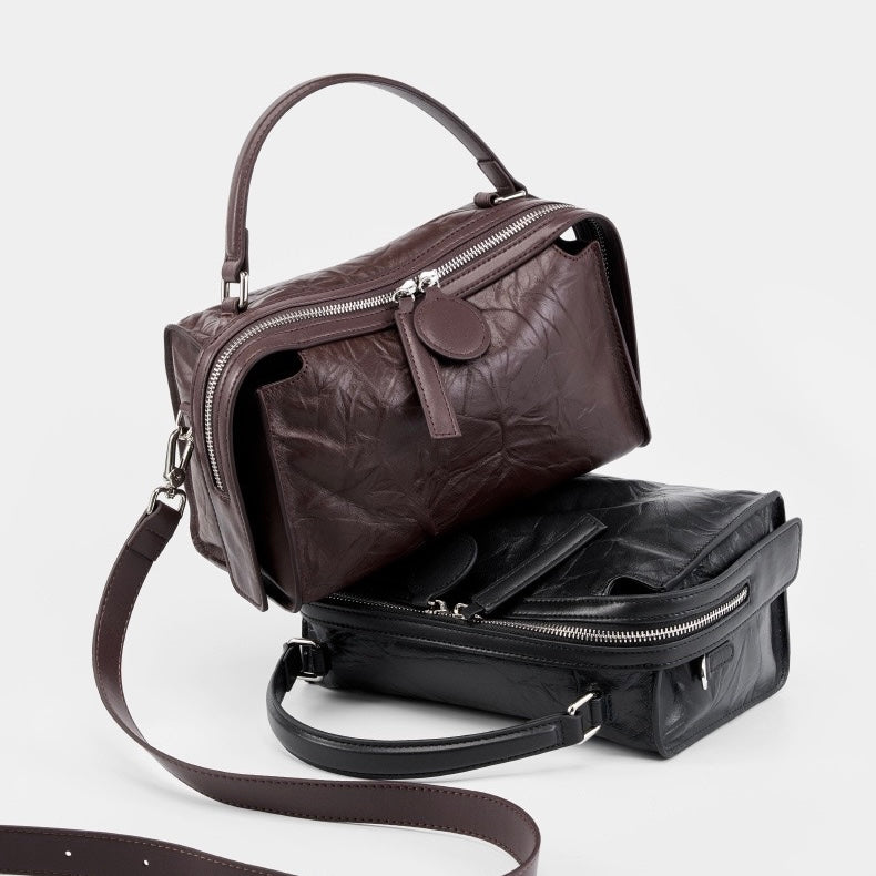 Womens Genuine Leather Crinkled Boston Bag  Soft Shine Handheld & Crossbody