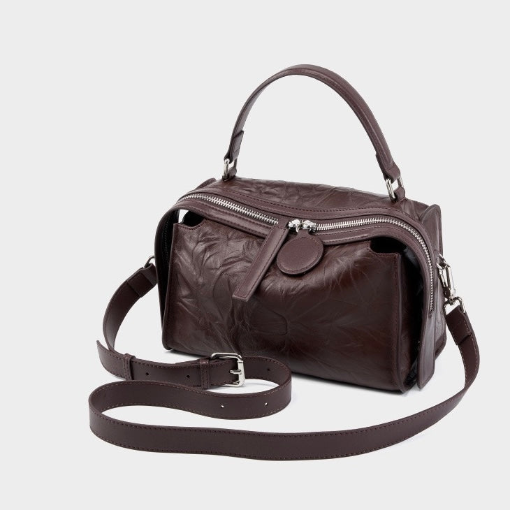 Womens Genuine Leather Crinkled Boston Bag  Soft Shine Handheld & Crossbody