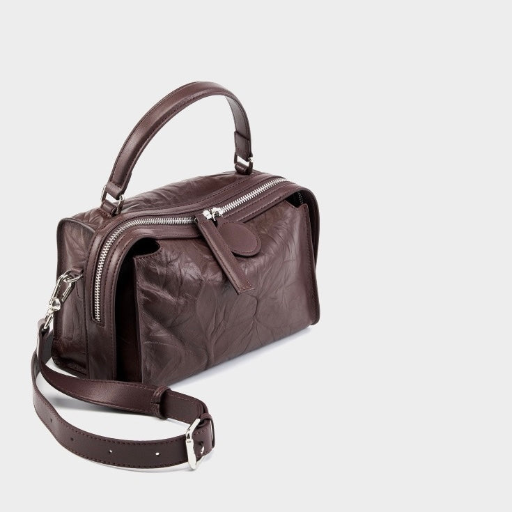 Womens Genuine Leather Crinkled Boston Bag  Soft Shine Handheld & Crossbody