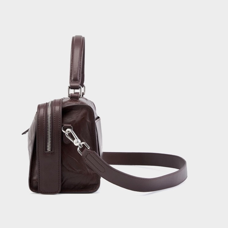 Womens Genuine Leather Crinkled Boston Bag  Soft Shine Handheld & Crossbody