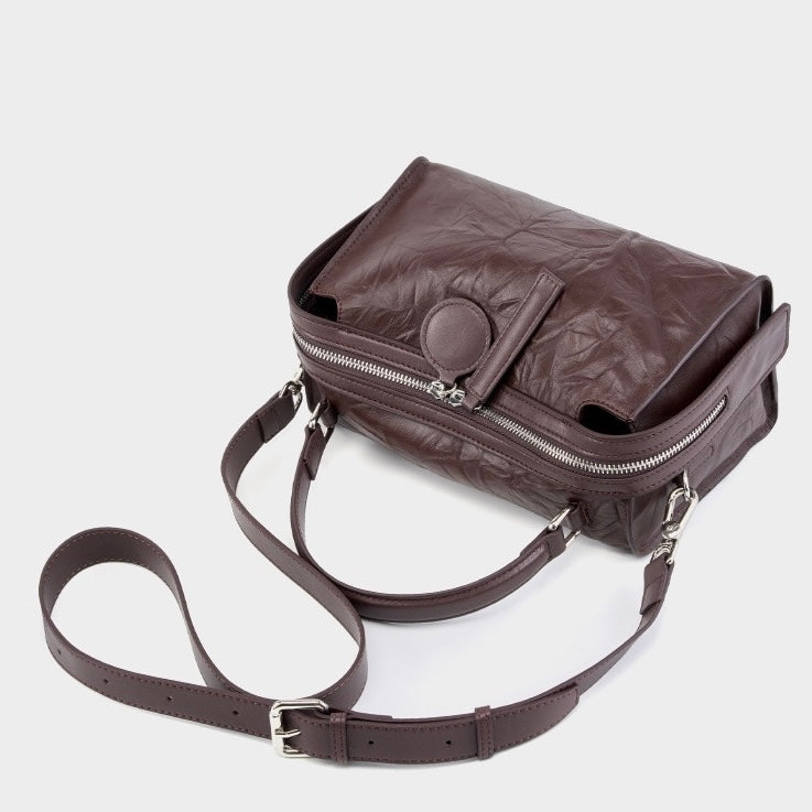Womens Genuine Leather Crinkled Boston Bag  Soft Shine Handheld & Crossbody