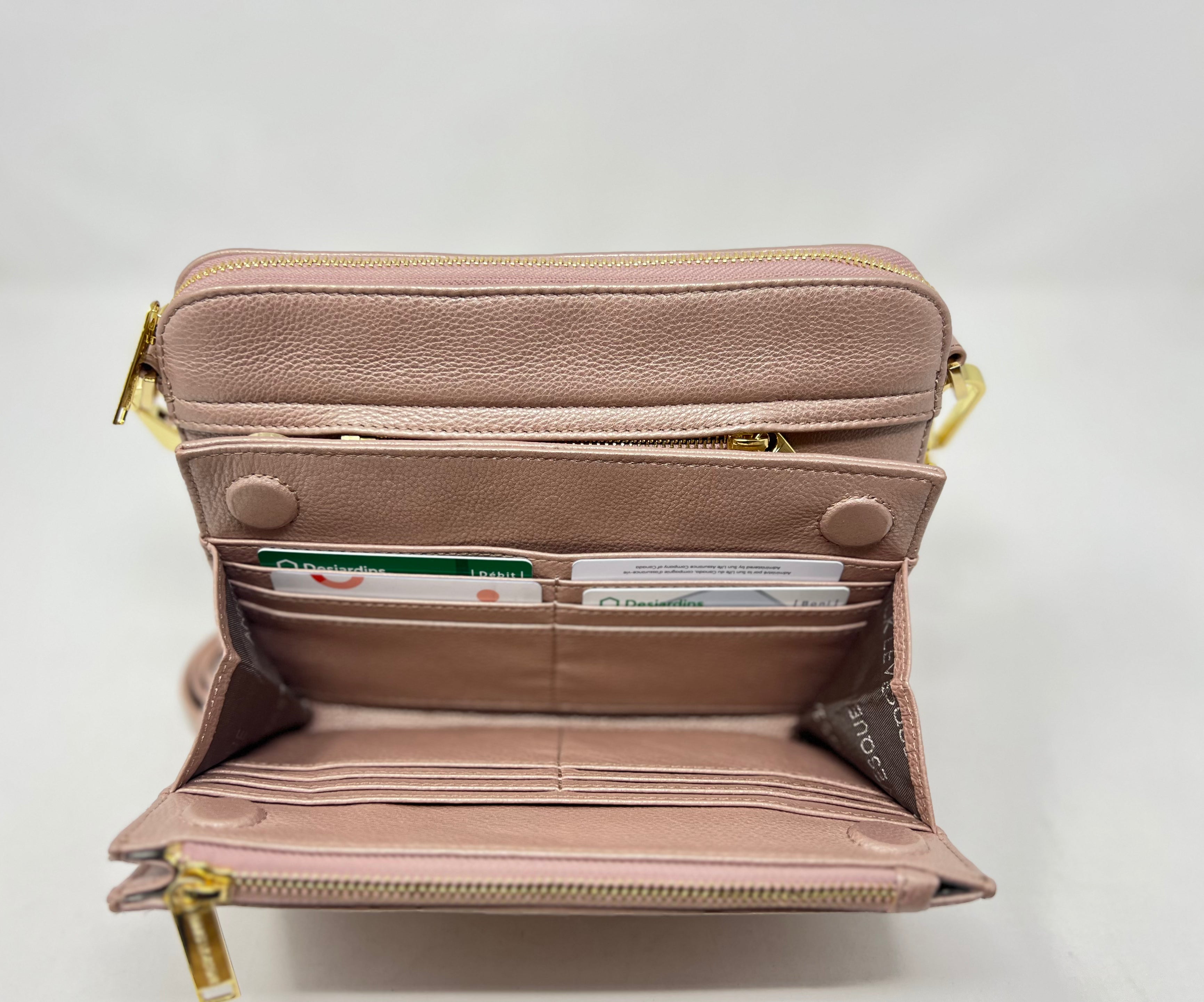 Petit Sac bandoulière avec porte-carte détachable rose platine | Kennedi