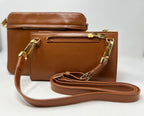 Petit Sac bandouillère 2 en 1 avec porte carte détachable en Cuir Cognac , Kennedi