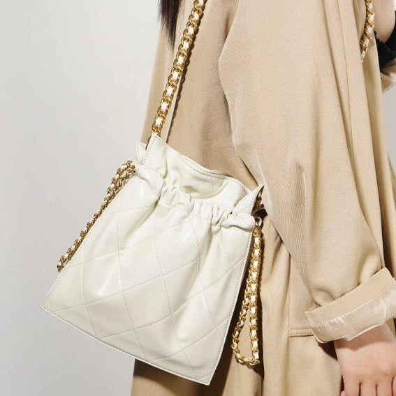 Womens Genuine Leather Quilted Chain Bucket Bag  Chic Crossbody for Daily Style