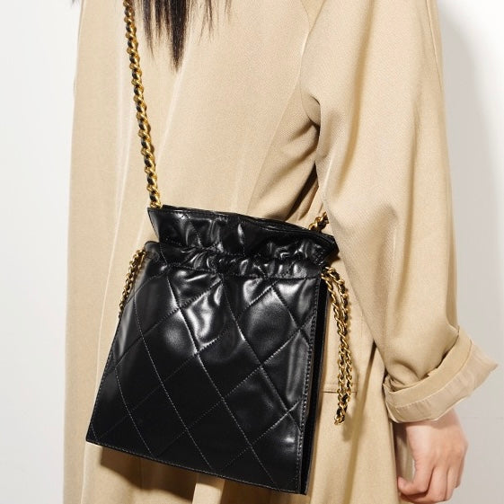 Womens Genuine Leather Quilted Chain Bucket Bag  Chic Crossbody for Daily Style