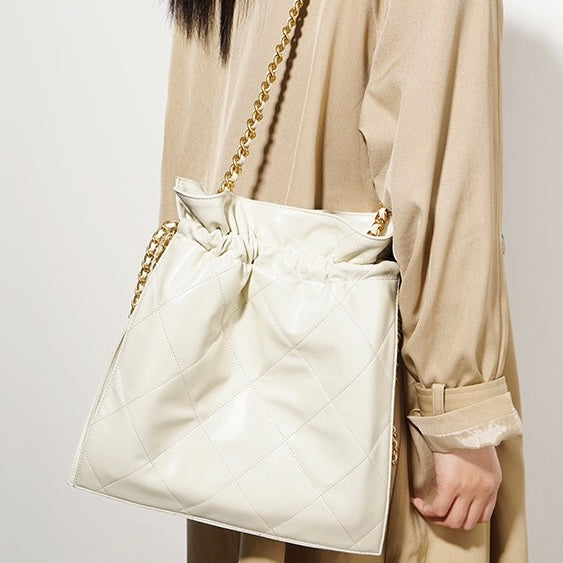 Womens Genuine Leather Quilted Chain Bucket Bag  Chic Crossbody for Daily Style