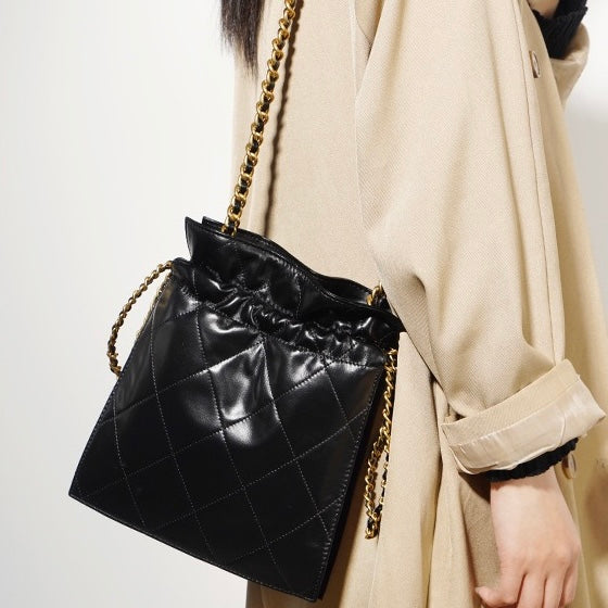 Womens Genuine Leather Quilted Chain Bucket Bag  Chic Crossbody for Daily Style