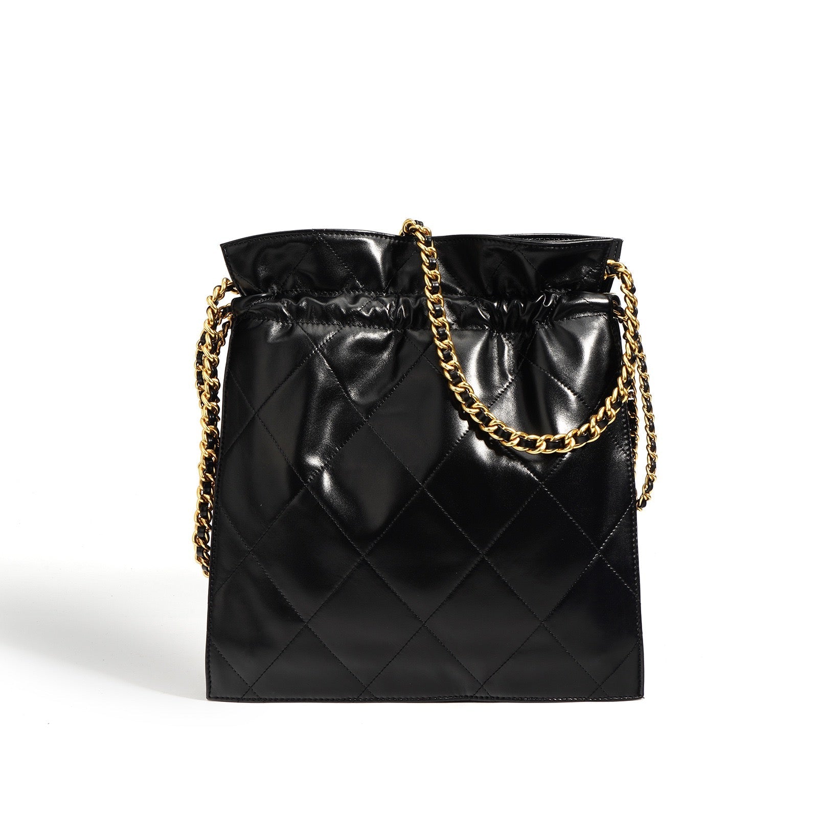 Womens Genuine Leather Quilted Chain Bucket Bag  Chic Crossbody for Daily Style