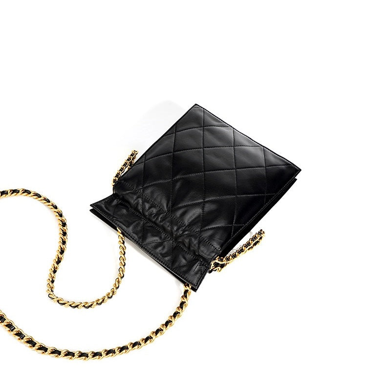 Womens Genuine Leather Quilted Chain Bucket Bag  Chic Crossbody for Daily Style