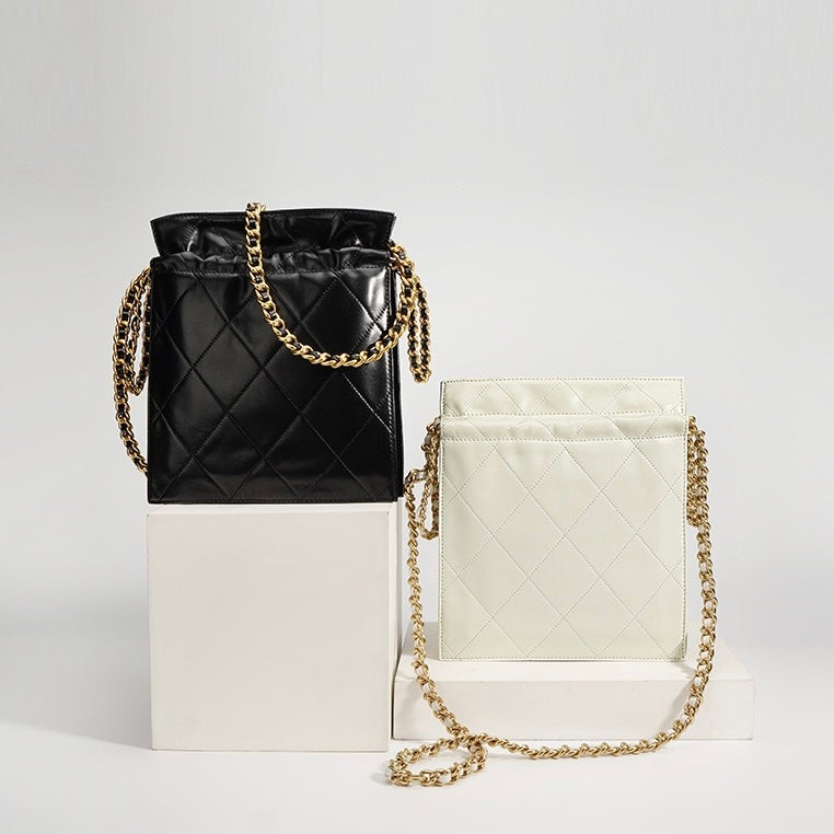 Womens Genuine Leather Quilted Chain Bucket Bag  Chic Crossbody for Daily Style
