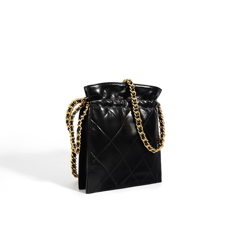 Womens Genuine Leather Quilted Chain Bucket Bag  Chic Crossbody for Daily Style