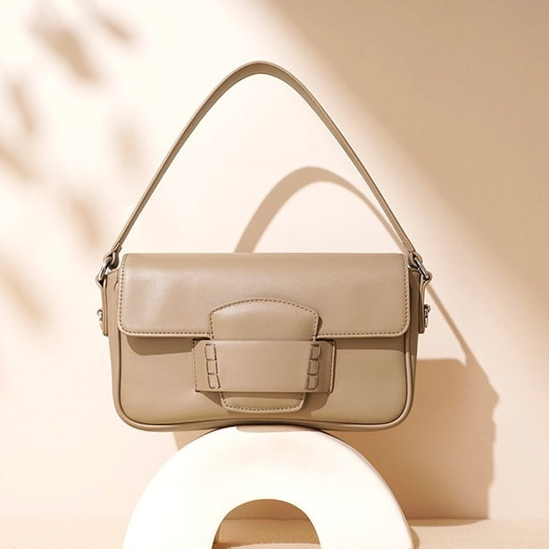 Womens Genuine Leather Small Square Shoulder Bag  Minimalist Flap Crossbody